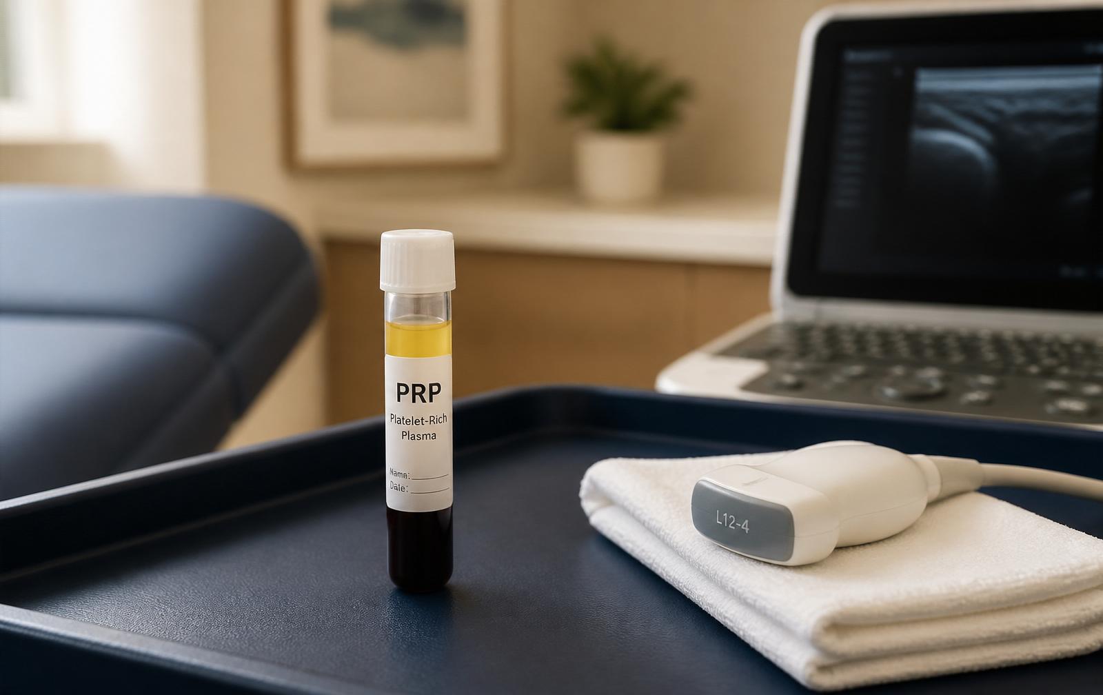 PRP preparation beside a clinical knee evaluation setup